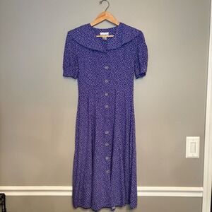 VTG Ellen Ashley Vintage Purple Polka Dot Button Sailor Collar Midi Dress 4P